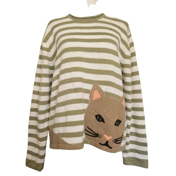 VTG Christopher & Banks Hand Embroidered Women's Sweater SZ Large Cat Lover Y2K - Picture 1 of 14